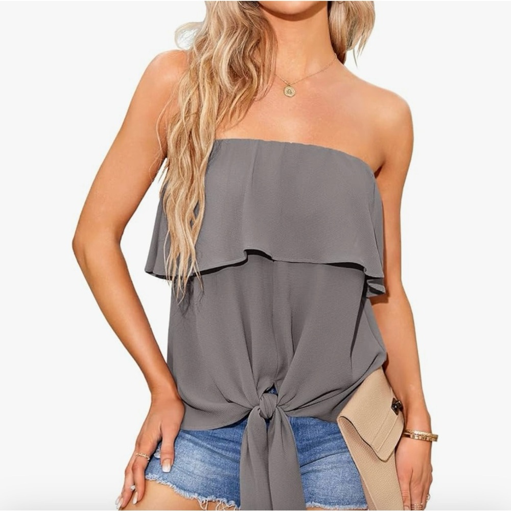Inorin Gray Strapless Ruffle Tie Front Size Large Top